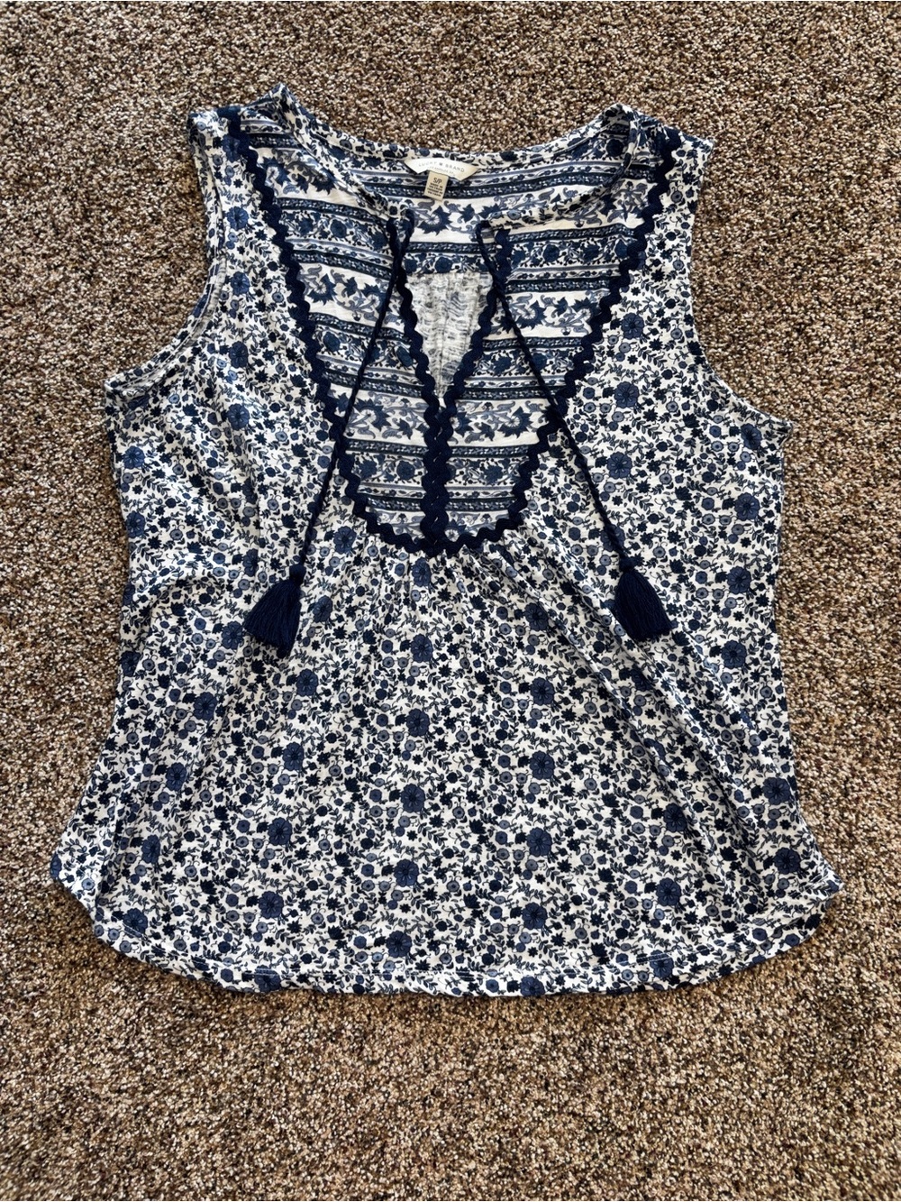 Lucky Brand Boho Peasant Blue Floral Sleeveless Tassel Blouse Women’s Small